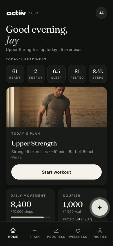 Actiiv Club home screen, men’s voice