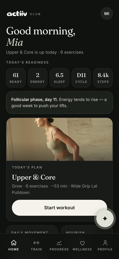 Actiiv Club home screen, women’s voice